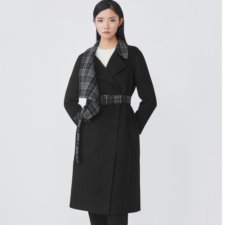 S·DEER圣迪奥冬季时尚气质拼接设计师长款百搭毛呢外套S21481846