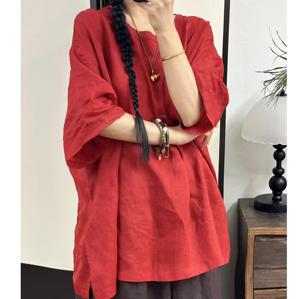夏季新款女纯苎麻T恤纯色复古百搭显瘦宽松通勤圆领上衣