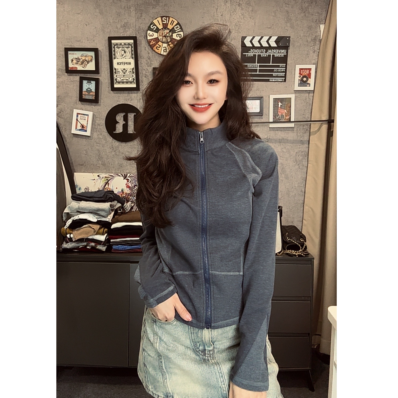 拼接立领拉链外套2025秋冬新款柔软亲肤修身显瘦立领开衫显瘦上衣