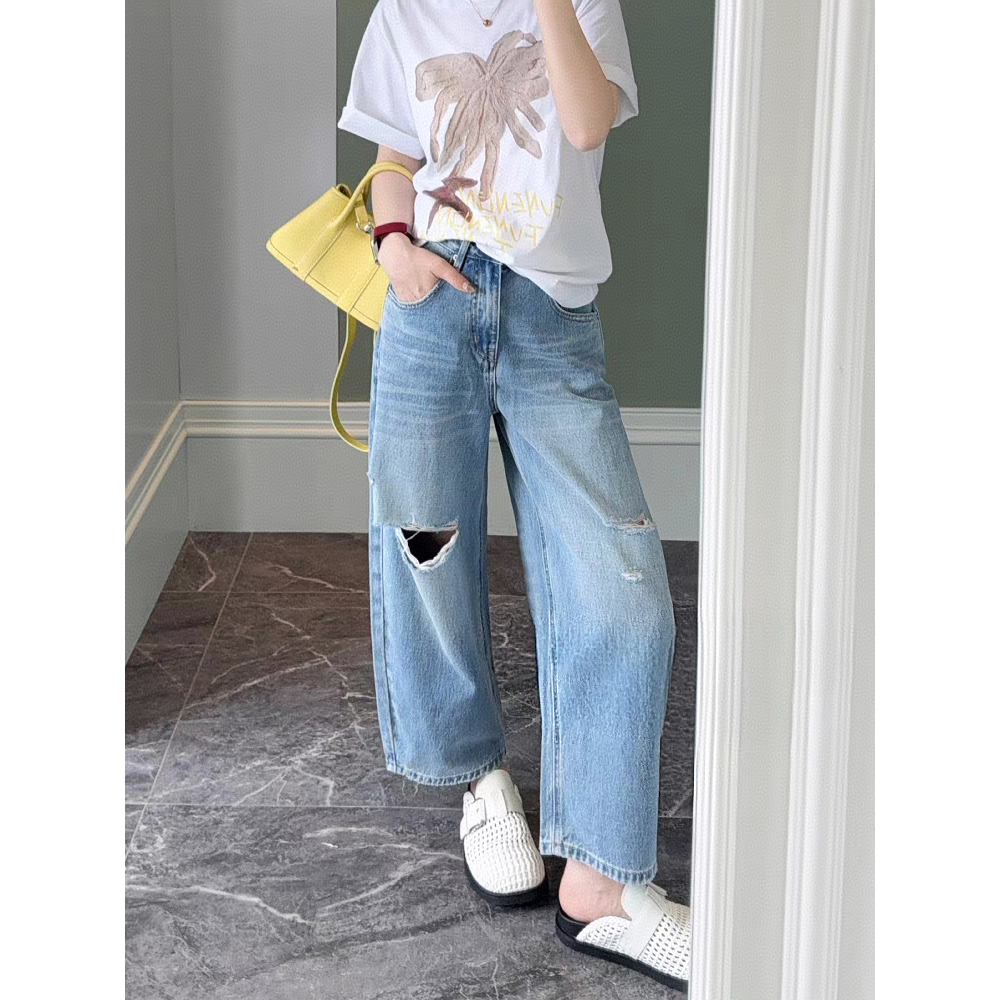 SU【172】花87 愫敏 夏季薄款破洞九分直筒奶奶裤