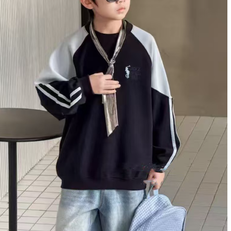 秋上新~美式2025新款韩版中大童拼色休闲卫衣宽松时尚百搭00332