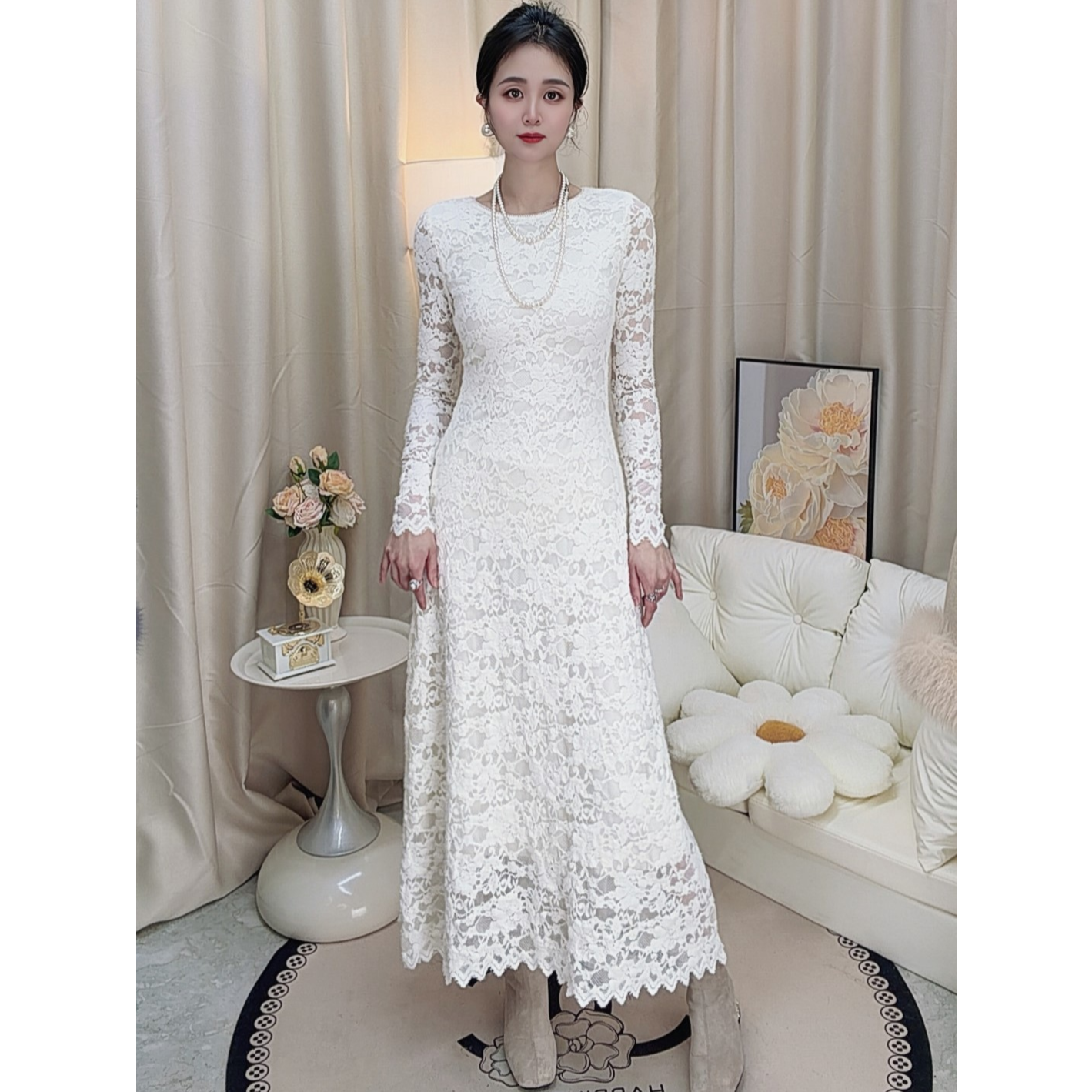 【兔绒软蕾丝加绒连衣裙】9928轻奢法式优雅气质修身显瘦大摆长裙冬