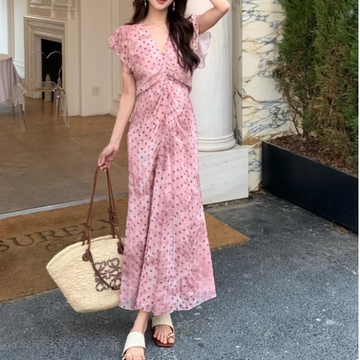 长裙波点少女风印花连衣裙复古法式甜辣千金风