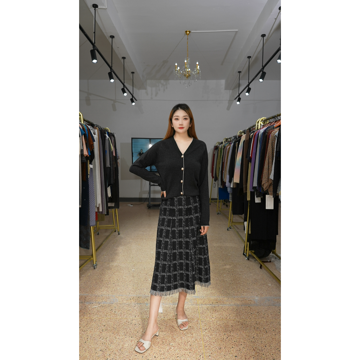 ZHENTISIMAN 水晶纱显瘦半身裙女士秋季服饰法式格子半裙QA5029