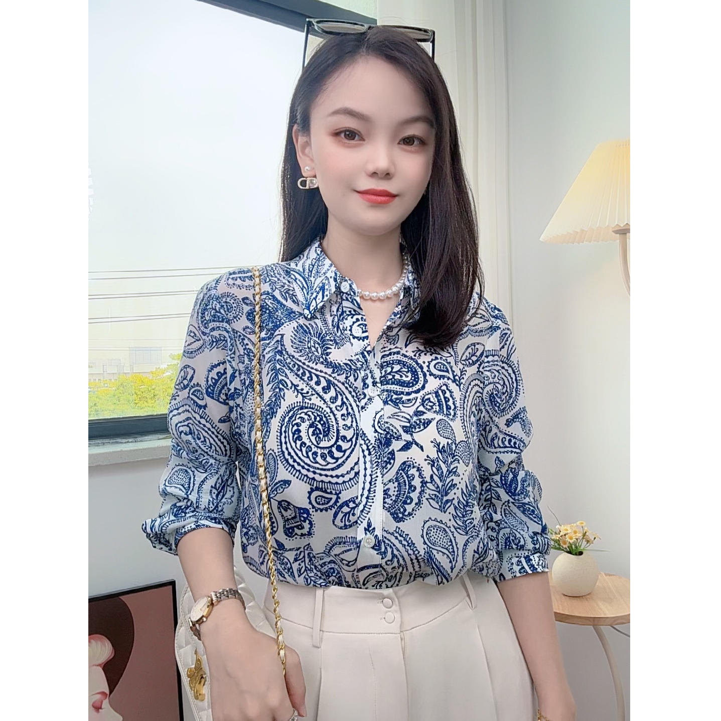 【灿灿】真丝双绉桑蚕丝长袖衬衫女春秋2025新款印花百搭职业上衣
