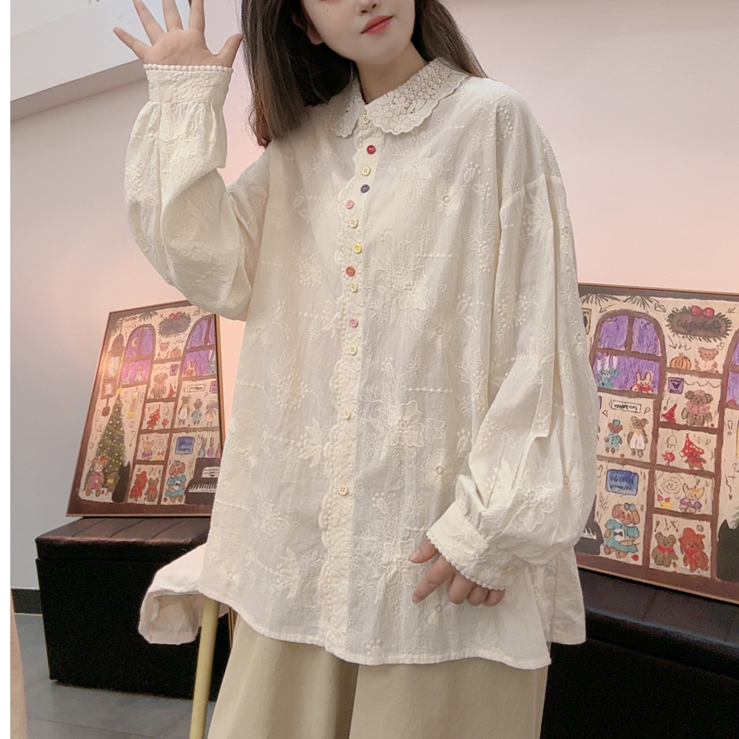 25秋冬纯棉刺绣打底翻领衬衫衬衣夏季春秋韩版上衣宽松长袖百搭