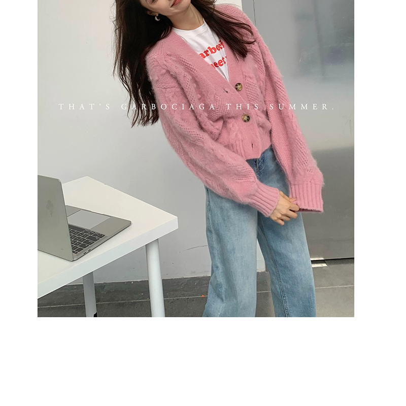 Garbociaga龍喜儿 粉色少女 羊毛软糯加厚毛衣针织开衫外套女9113