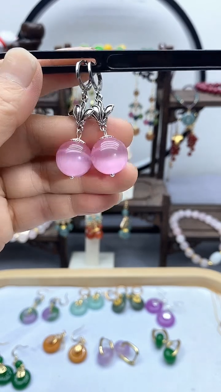 变石猫眼银S925镶嵌耳饰83