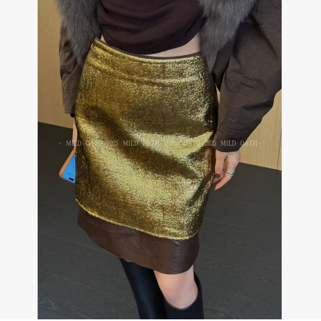 MILD OATH【年会裙】褶皱提花短裙拼接PU皮百搭半身裙