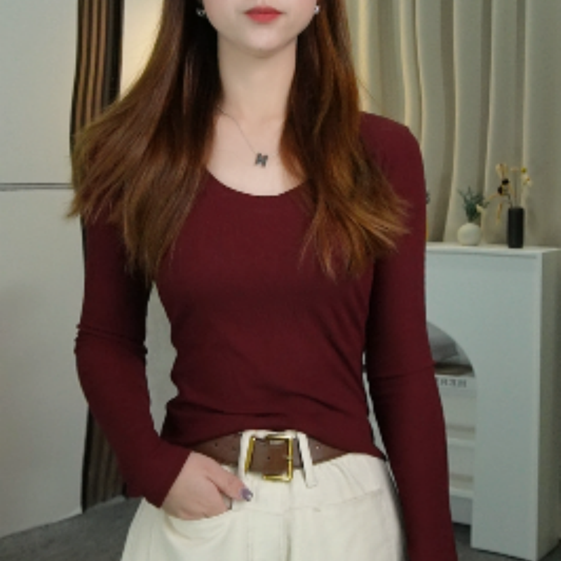 2025春季新款U型领长袖T恤上衣纯色百搭显瘦韩版女短款