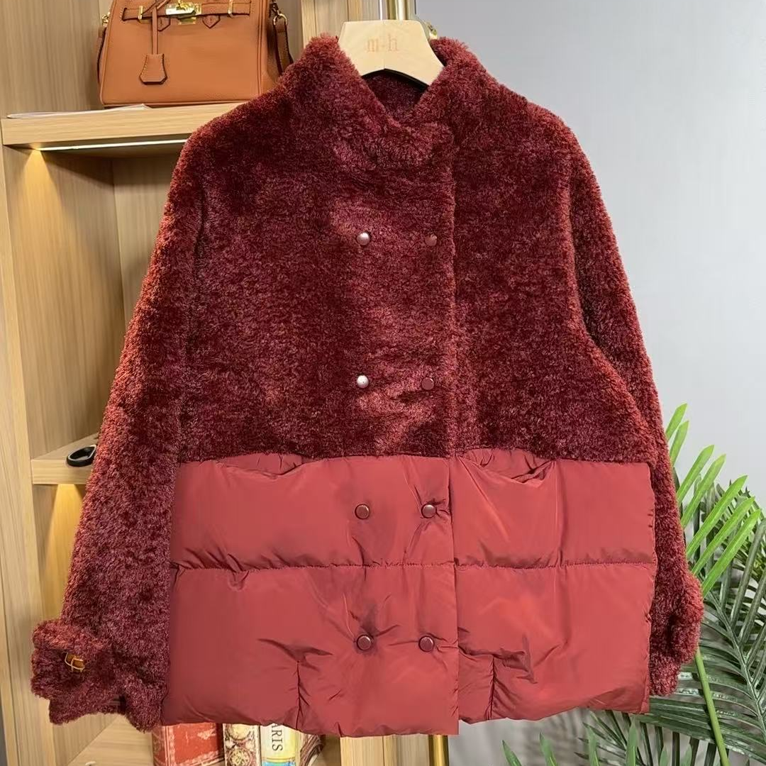 高端一体拼接女短款圆领保暖外套
