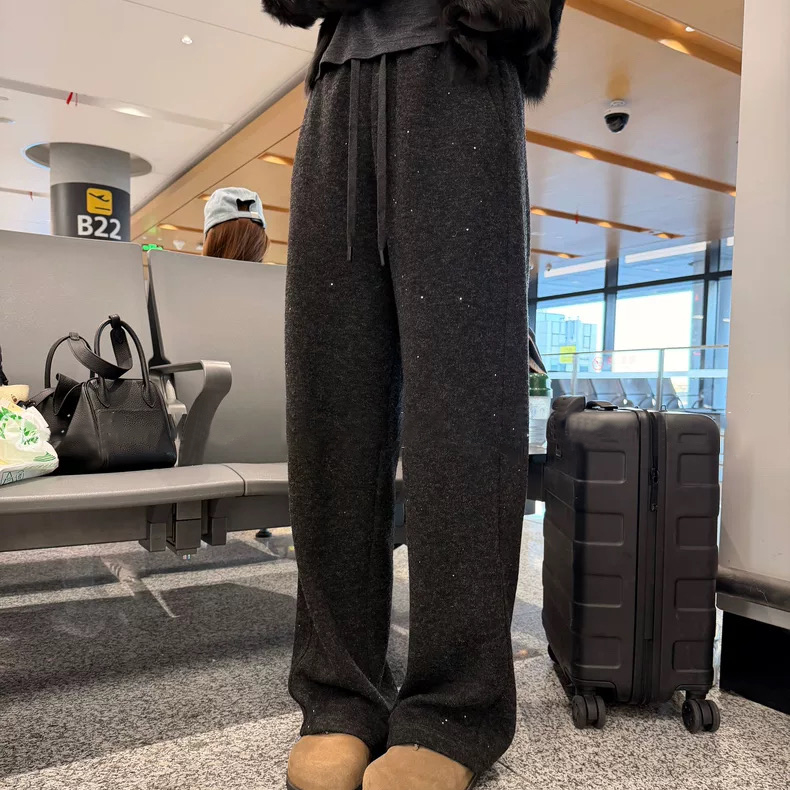 冬季星河亮片加绒加厚保暖宽松直筒垂顺羊毛阔腿裤#3283