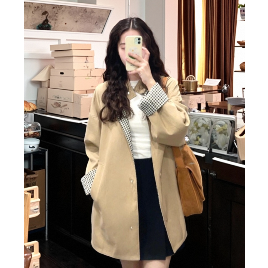 芙沿卡其色双面穿格纹立领中长款风衣女2025年新款慵懒风休闲外套