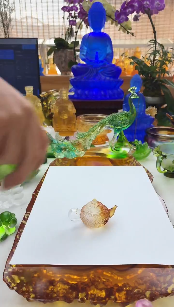 手工艺品琉璃琥珀色壶茶宠摆件 
