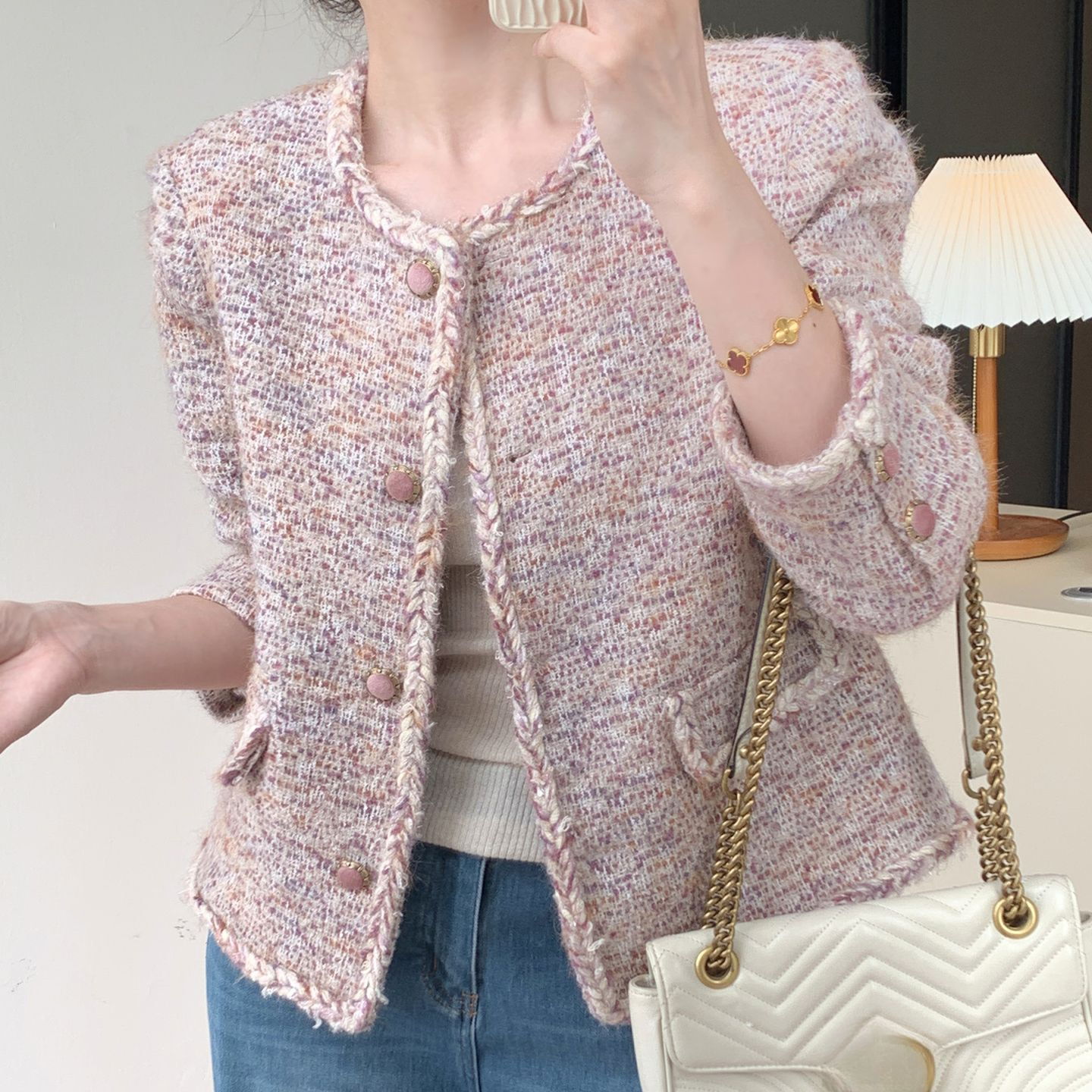 女秋季圆领老钱风常规长袖短外套女装甜美开衫重工小香风气质#0+X