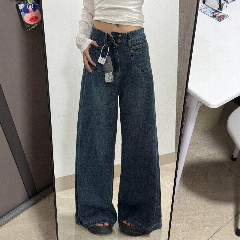 复古蓝直筒牛仔裤女加绒加厚大码胖mm高腰遮胯垂感梨形身材阔腿裤