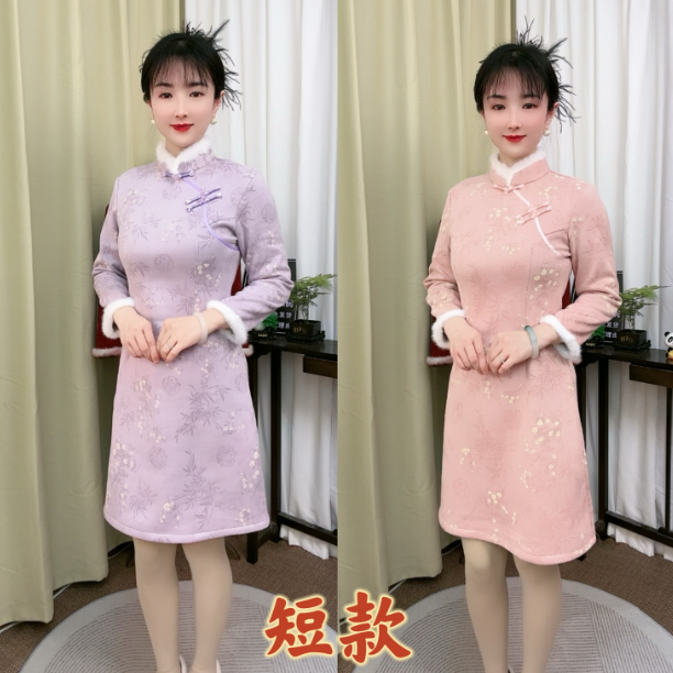 04- 多彩多姿加绒加厚90衣长无开衩A版中国风日常短款旗袍S-3XL