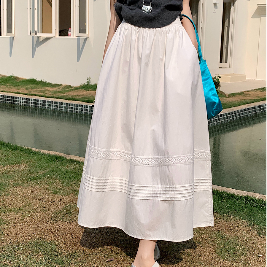 韩风白色半身裙女长裙2025夏季新款小个子松紧腰纯棉百搭a字伞裙