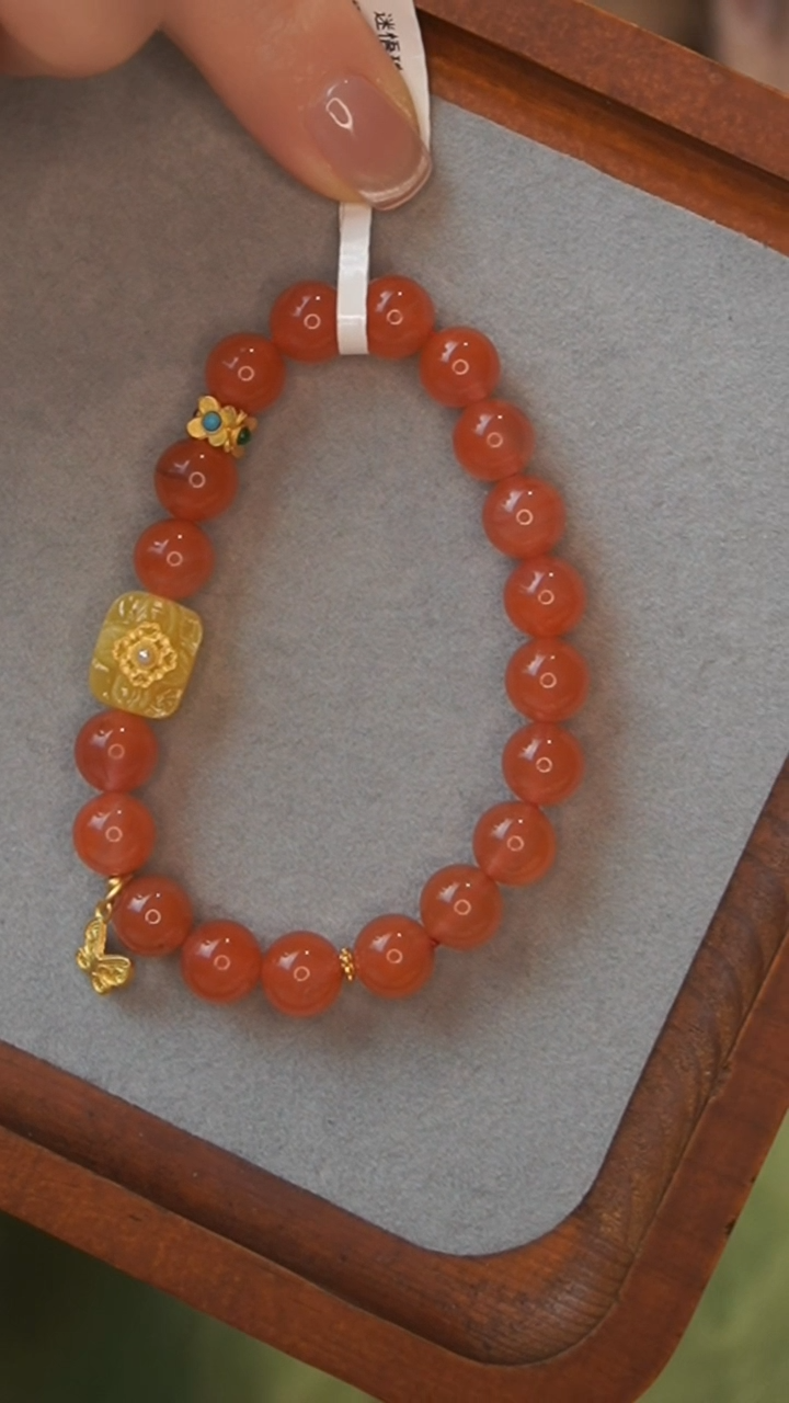 【闪购商品】南红玛瑙手链银S925镀金镶嵌蜜蜡小方块单珠手串