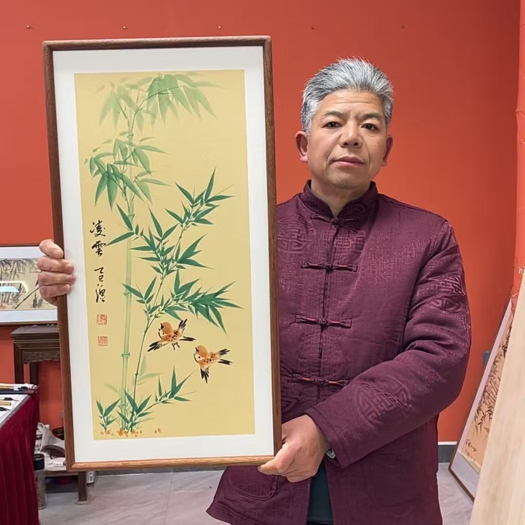 张富民手绘作品/凌云 翠竹（乌檀木实木框）/36*69厘米左右