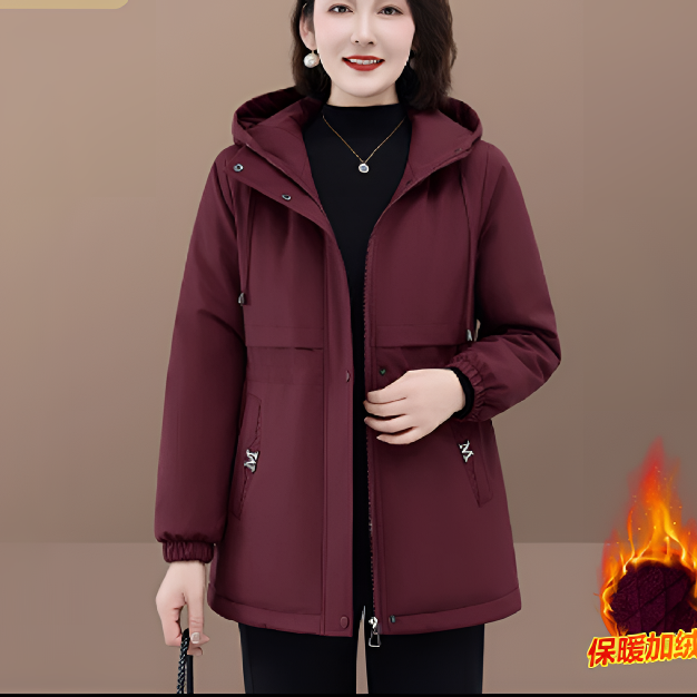 新款中老年加绒加厚连帽纯色秋冬保暖中长款妈妈装棉服外套冬装