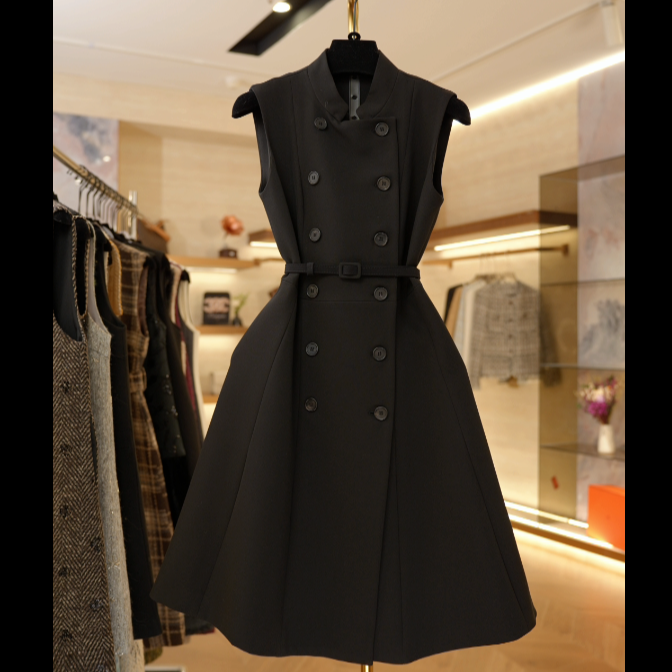 【零】复双排扣黑色显瘦大裙摆西装中长款连衣裙JJ023