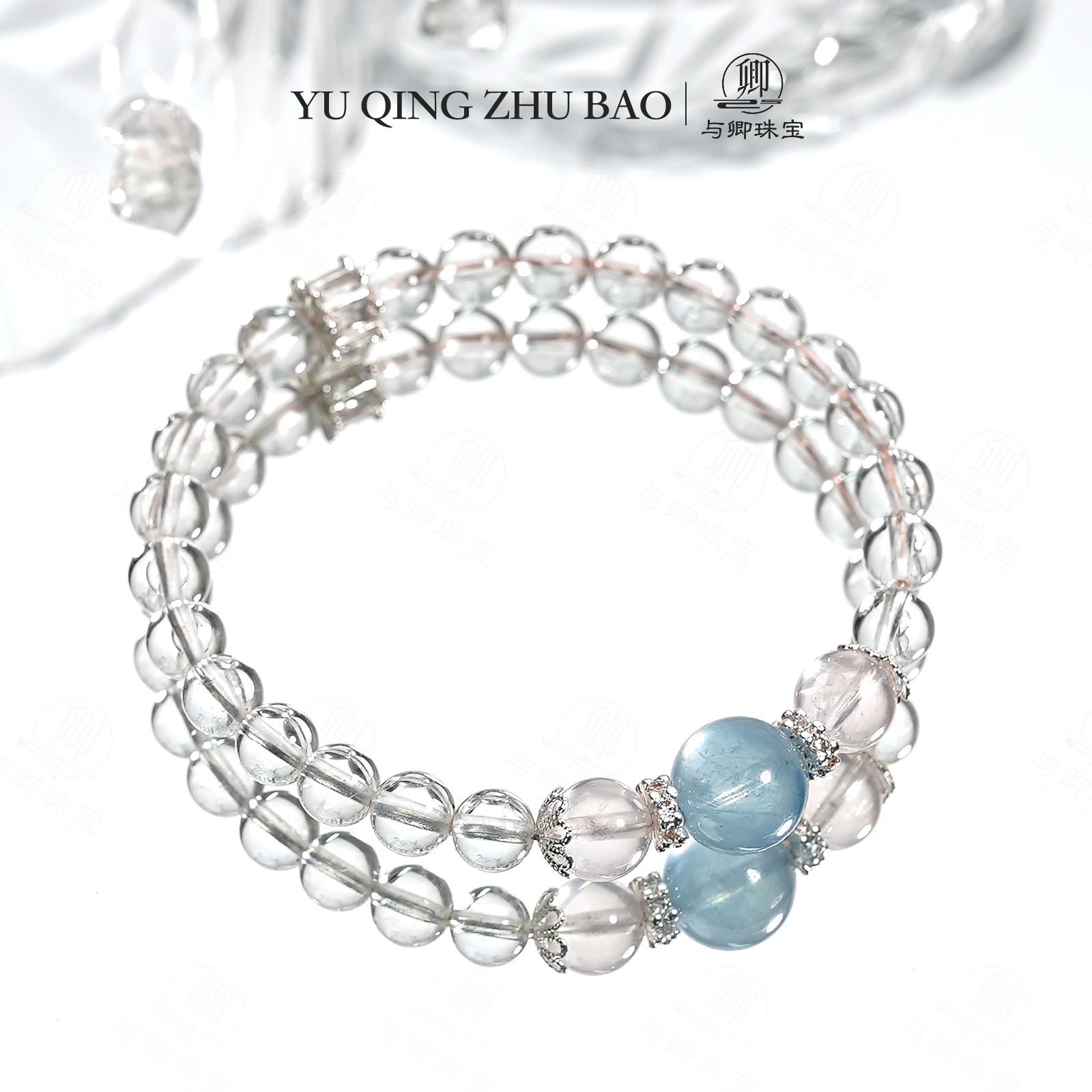 【听澜】10mm海蓝宝➕6mm白水晶 合金配件 水晶手串