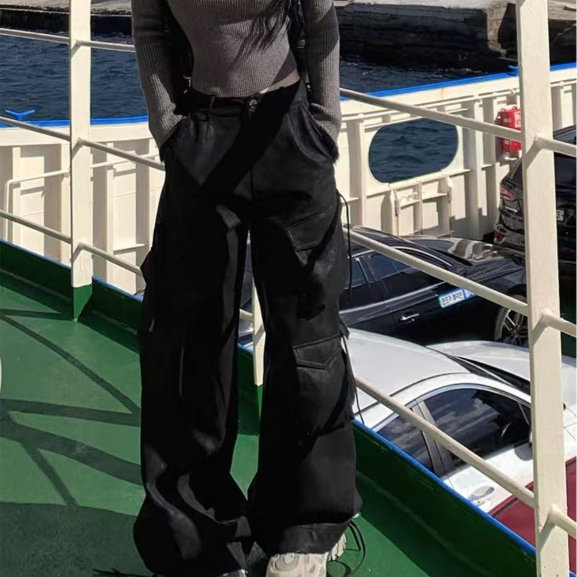 胖鹅张~“有味道~需要挂通风~”酷酷pu皮黑宽松阔腿工装裤#6906