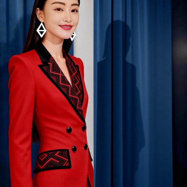 （几何图案）修身刺绣套装女神范显瘦气质长袖时尚收腰女士秋冬红色