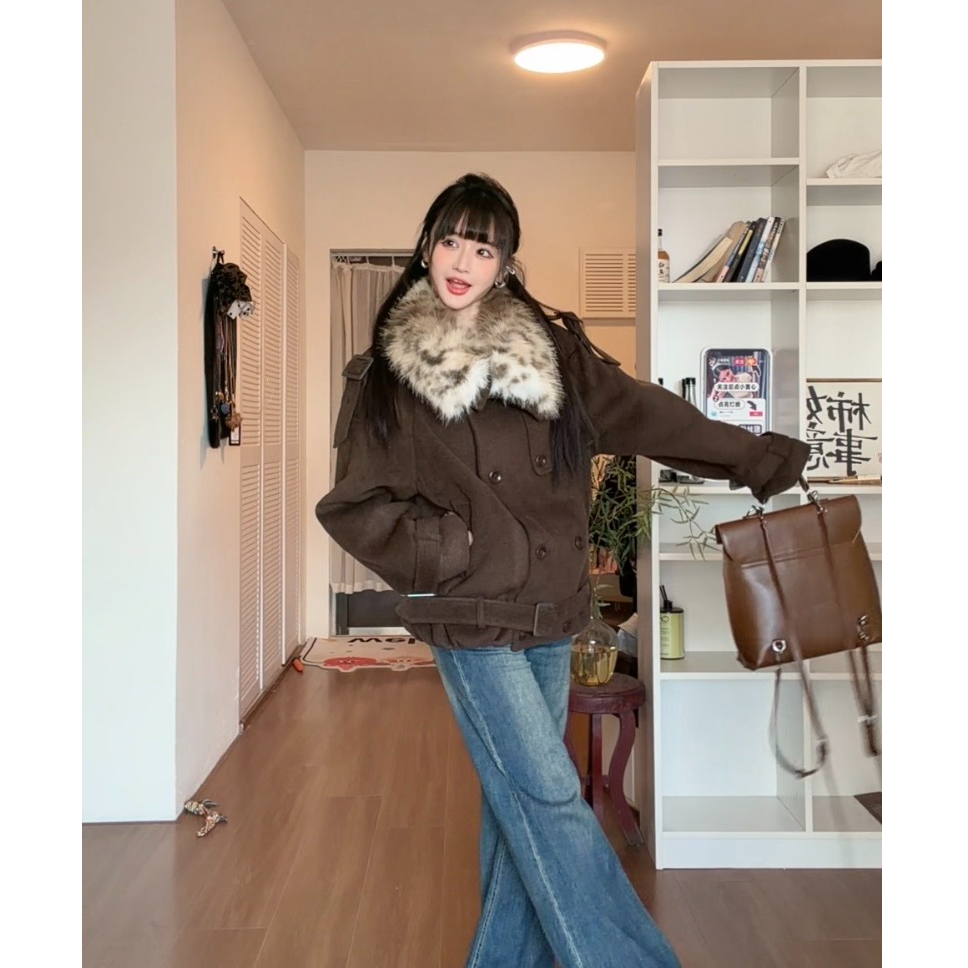 [羊毛+夹棉]可拆卸毛领宽松双排扣双面多穿夹克大衣外套