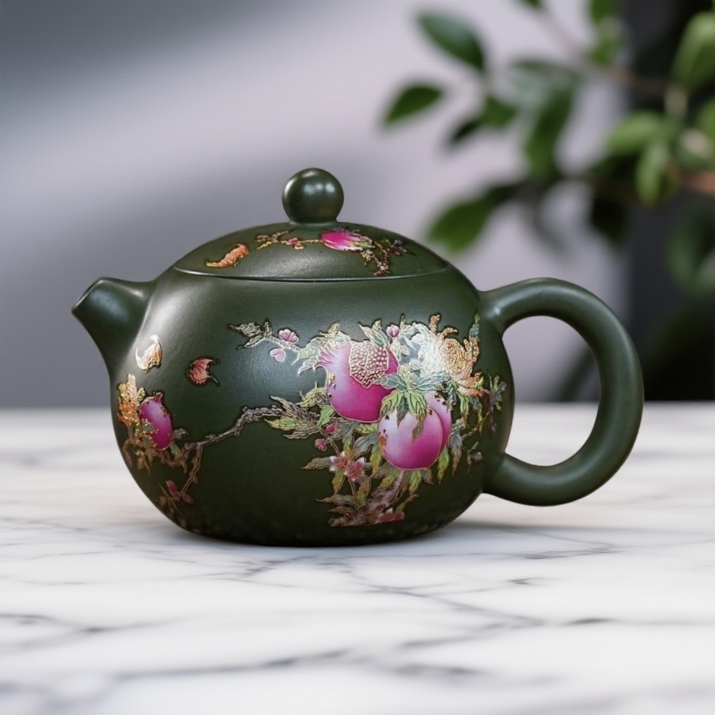 宜兴紫砂茶具 原矿绿泥泥料手绘桃子石榴西施紫砂壶