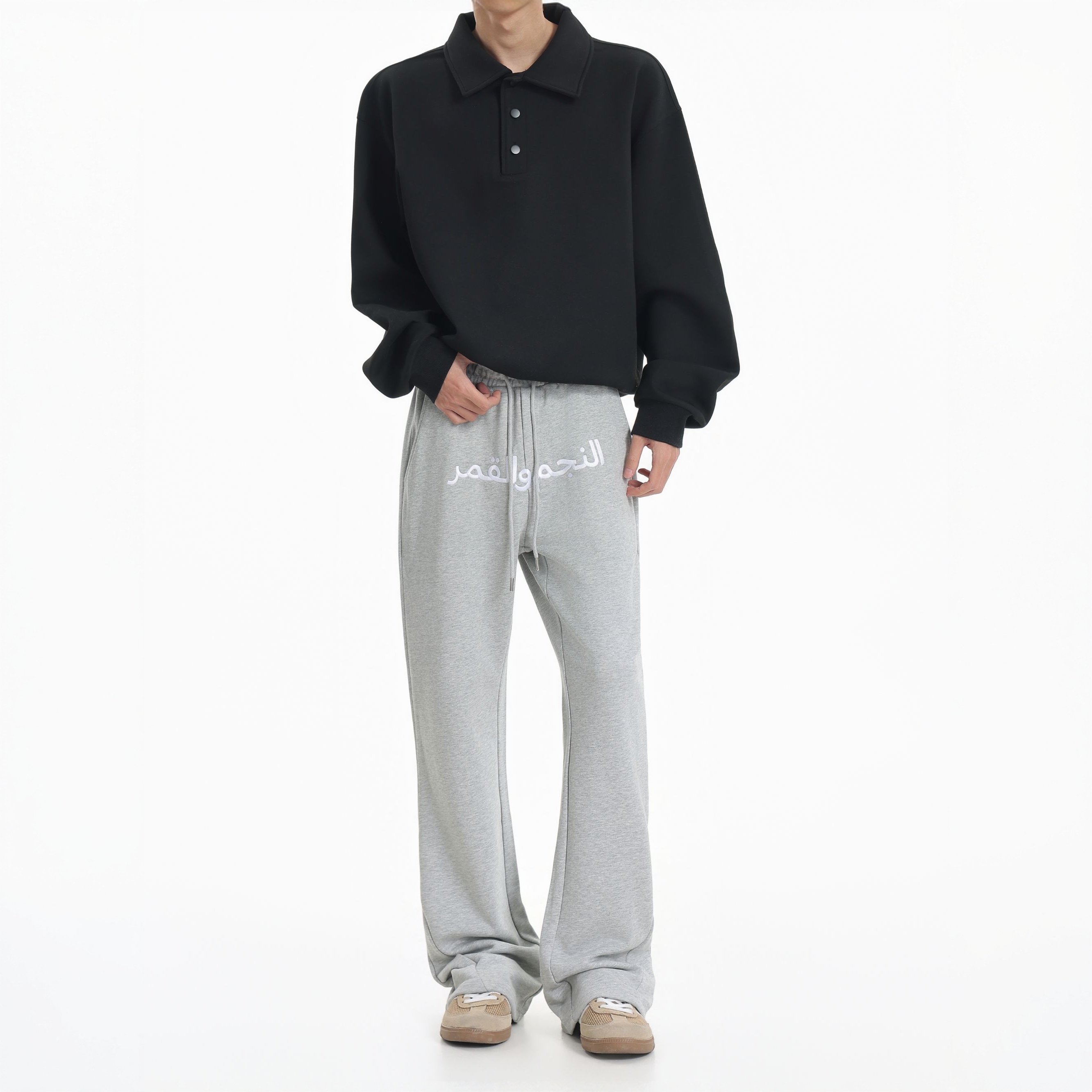 ZLAYCO阿拉伯文刺绣灰色微喇男女显瘦美式运动百搭长裤卫裤