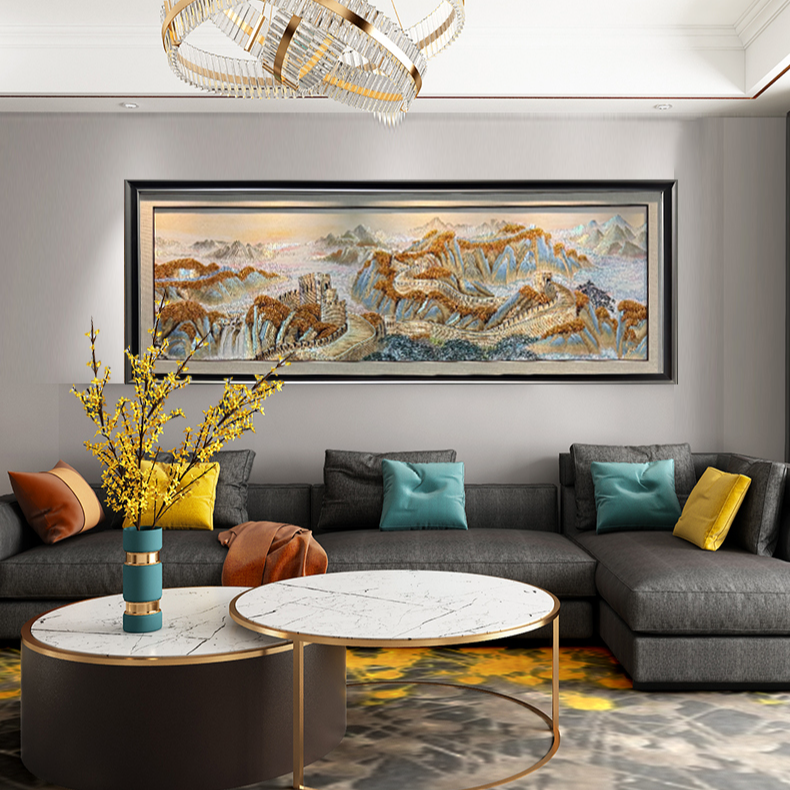 刺绣高定《万里长城》金款  客厅刺绣装饰画背景墙立体挂画