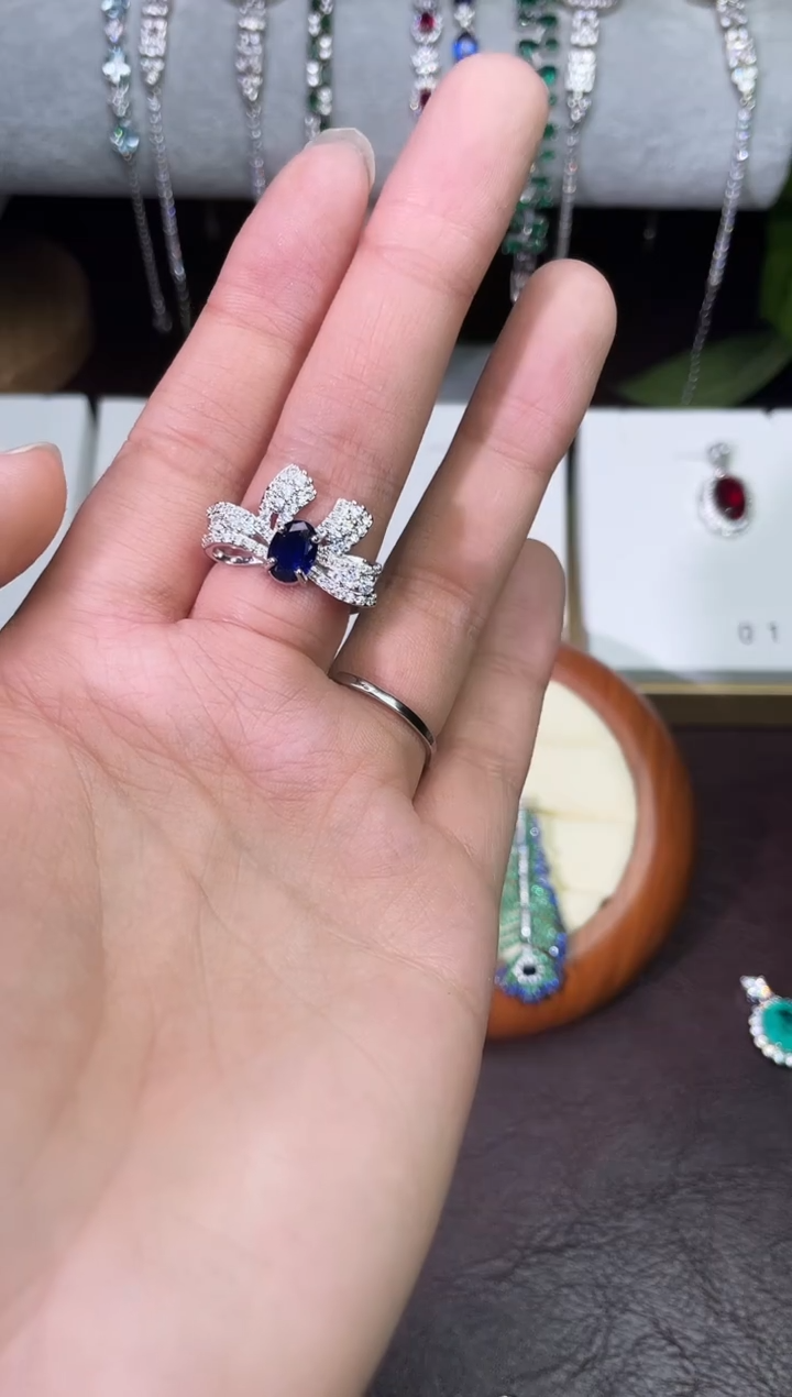 合金合成钻石耳饰蓝宝戒指