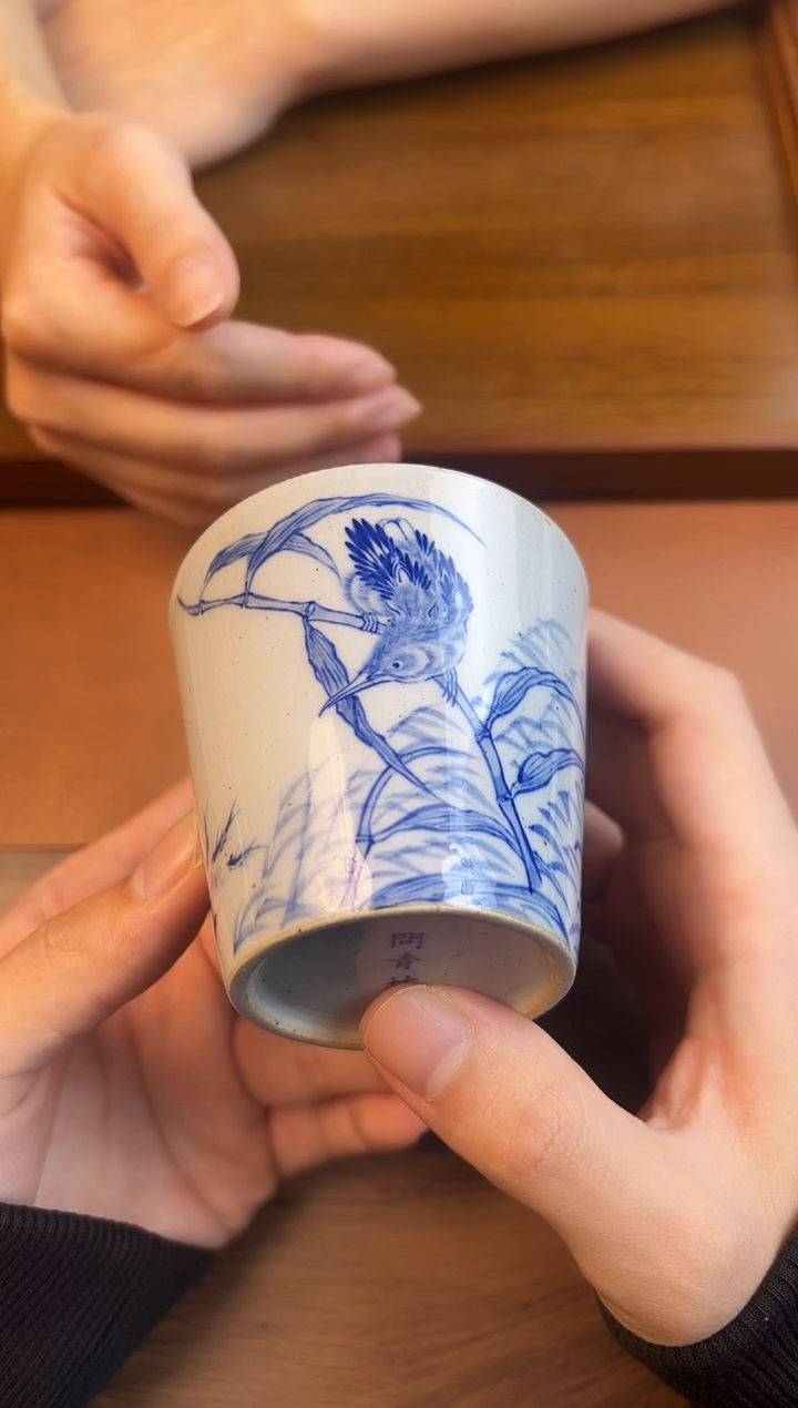 问青坊纯手工手绘青花陶泥单翠柴窑可乐杯