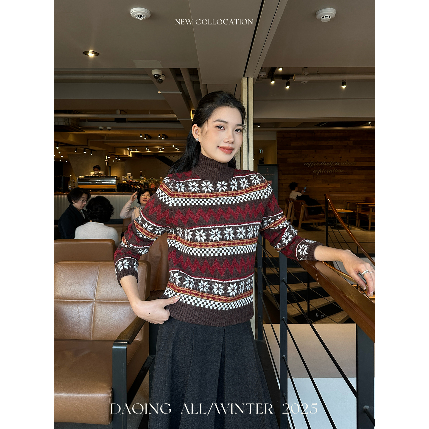 许大晴【菲尔达】绵羊毛费尔岛撞色提花高领毛衣D4A263