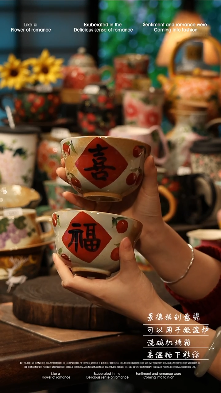 陶瓷一对景德镇高温釉下彩手工手绘款式