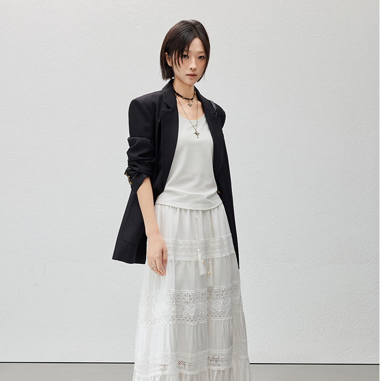 美洋MEIYANG 油画少女半裙 莱赛尔_蕾丝刺绣拼接中长蛋糕裙