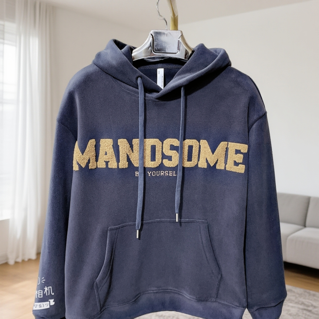 新品碳能奥粒绒加绒加厚连帽卫衣男时尚潮流百搭刺绣上衣#5805   