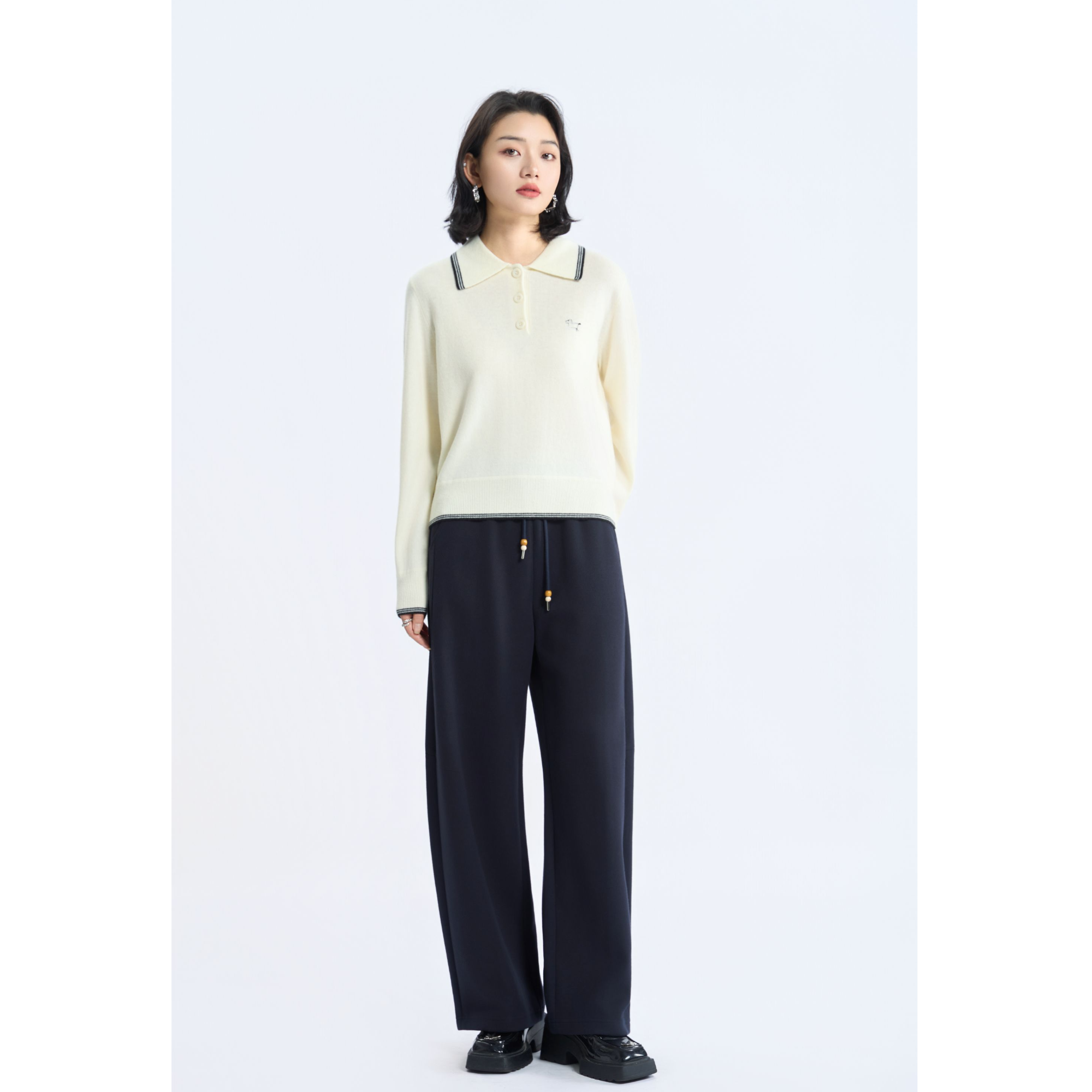 VIS&VIO.CO/唯弋长袖女冬季针织撞色翻领短款打底衫毛衣23423