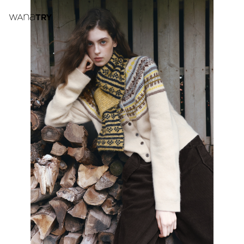 【自播专享】wana try 米杏色温柔感费尔岛开衫毛衣