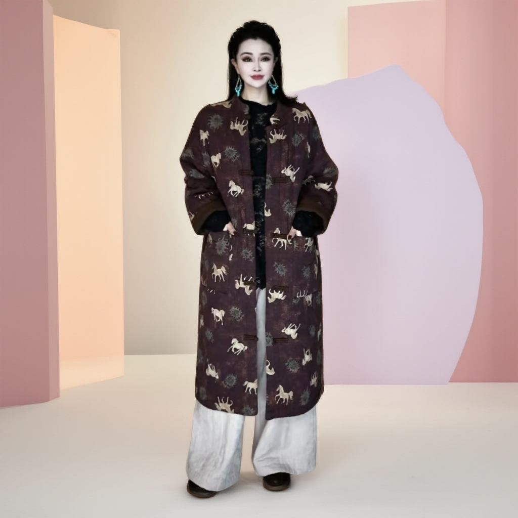 冬季保暖棉麻国风网红时尚立领长款棉服外套棉衣复古九分袖女上衣