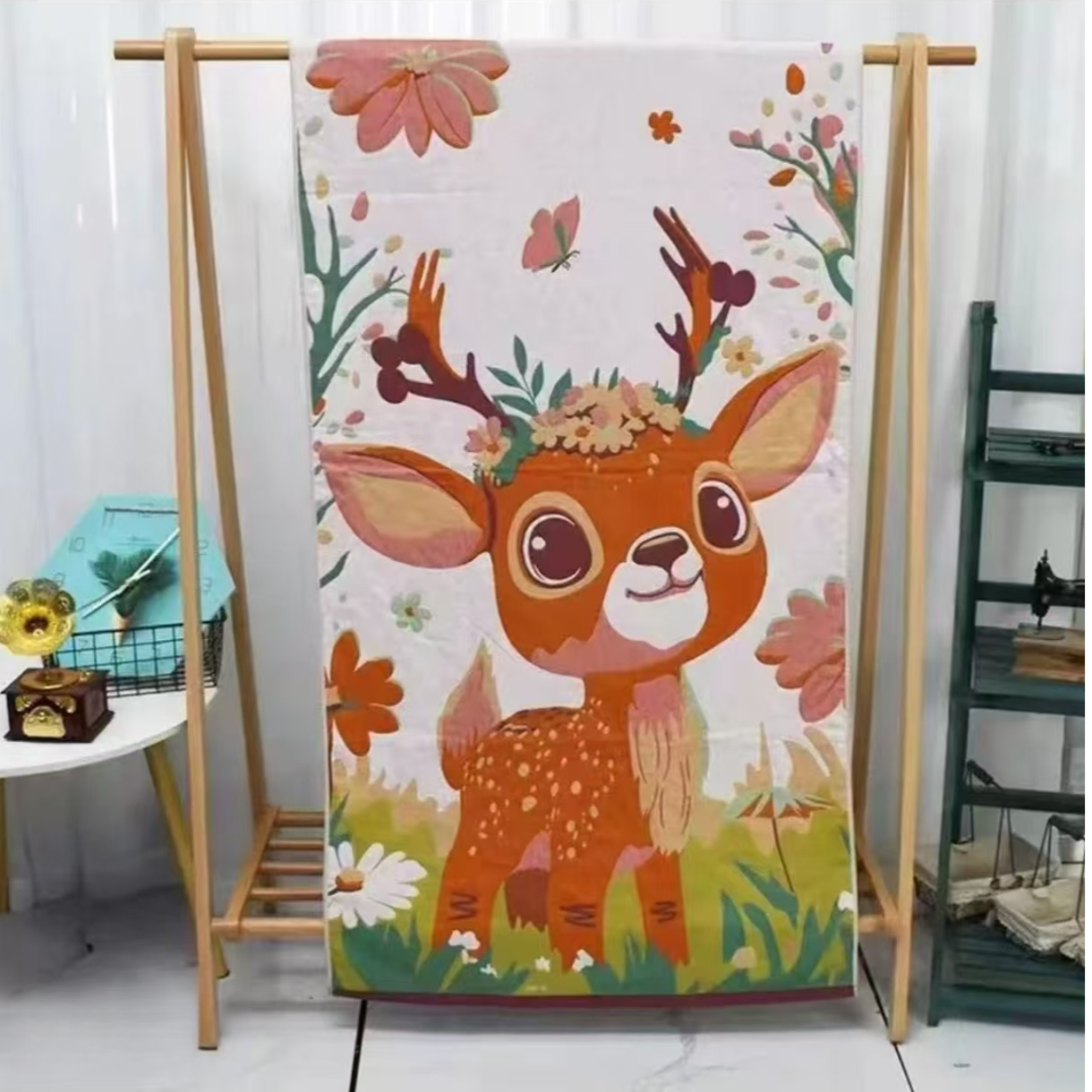 特价纯棉纱布浴巾--花朵小鹿70*140