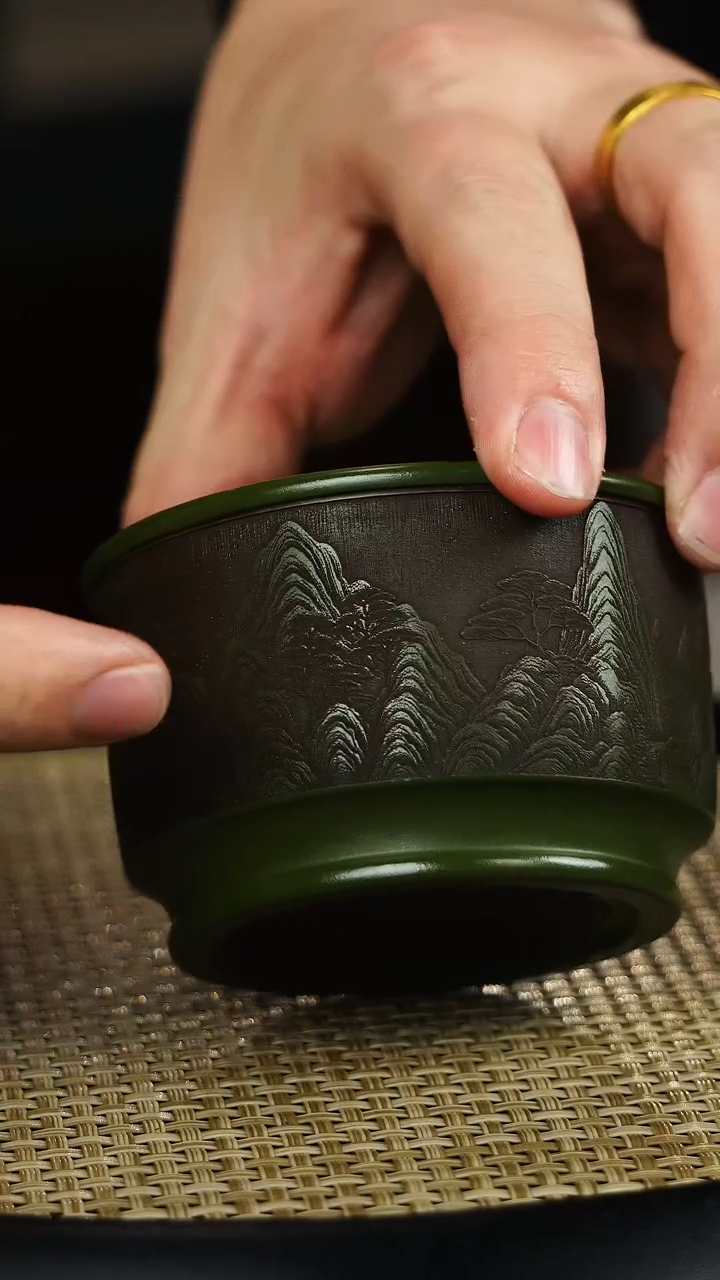 茶壶紫砂绿泥 山水普洱杯