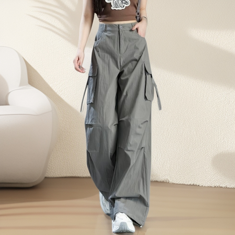灰色美式束脚工装裤女款2025新款秋款高腰直筒阔腿裤女休闲伞兵裤