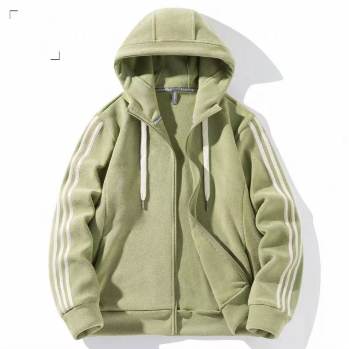 8901-男女（三条杠）连帽抓绒衣加厚运动外套（芥末绿）
