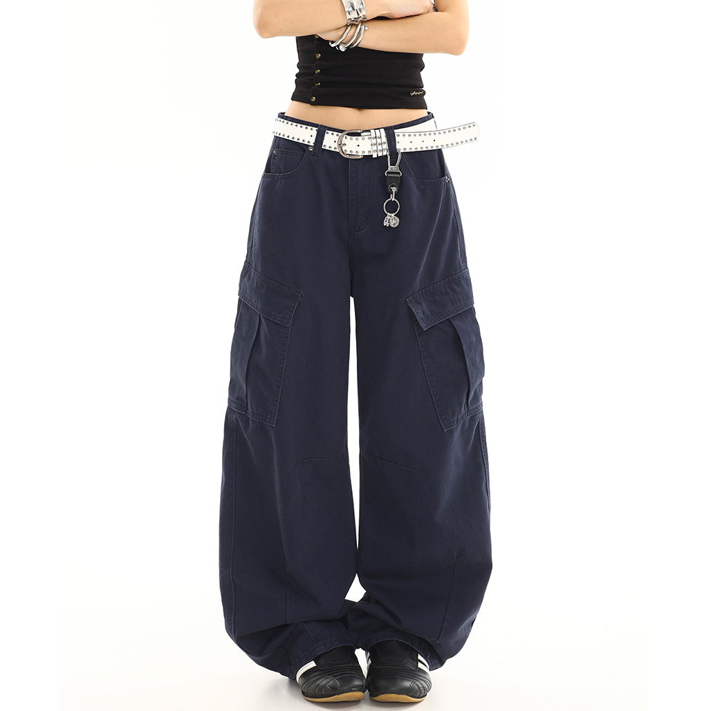  美式复古高街多口袋直筒工装裤夏季褶皱直筒宽松阔腿裤休闲裤女