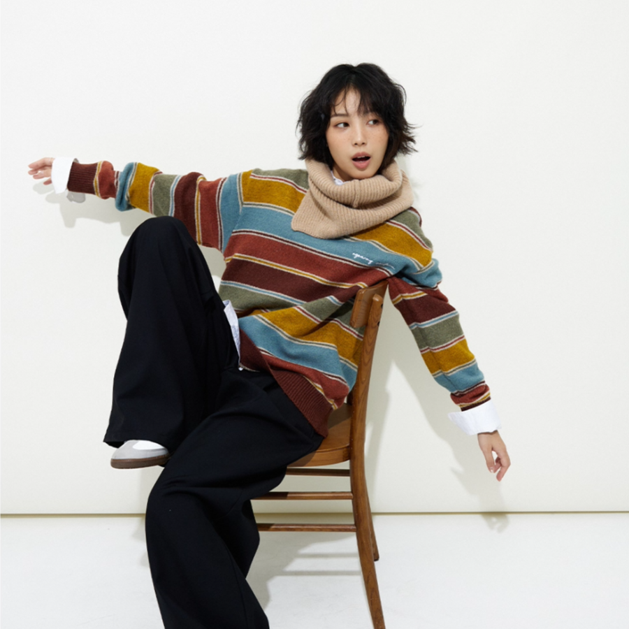 NORYBRAND若屿 复古圣诞彩条毛衣圆领冬季长袖百搭上衣