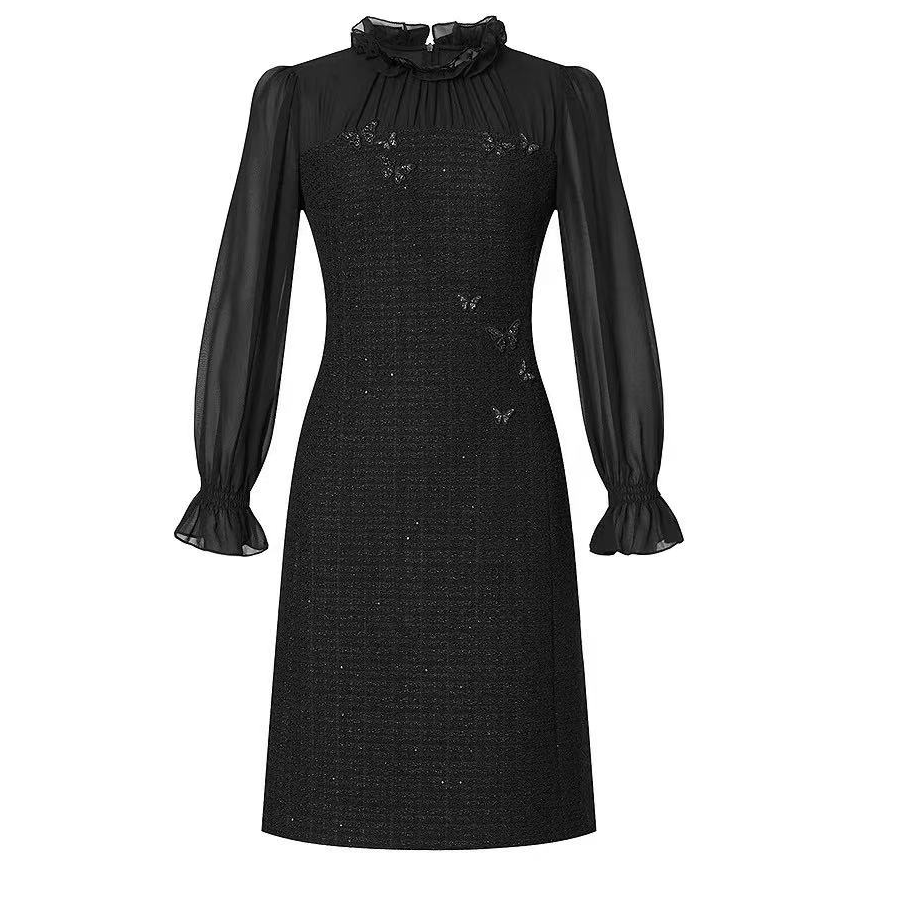 L+2025年春款气质木耳领拼接礼服裙纯色连衣裙0506