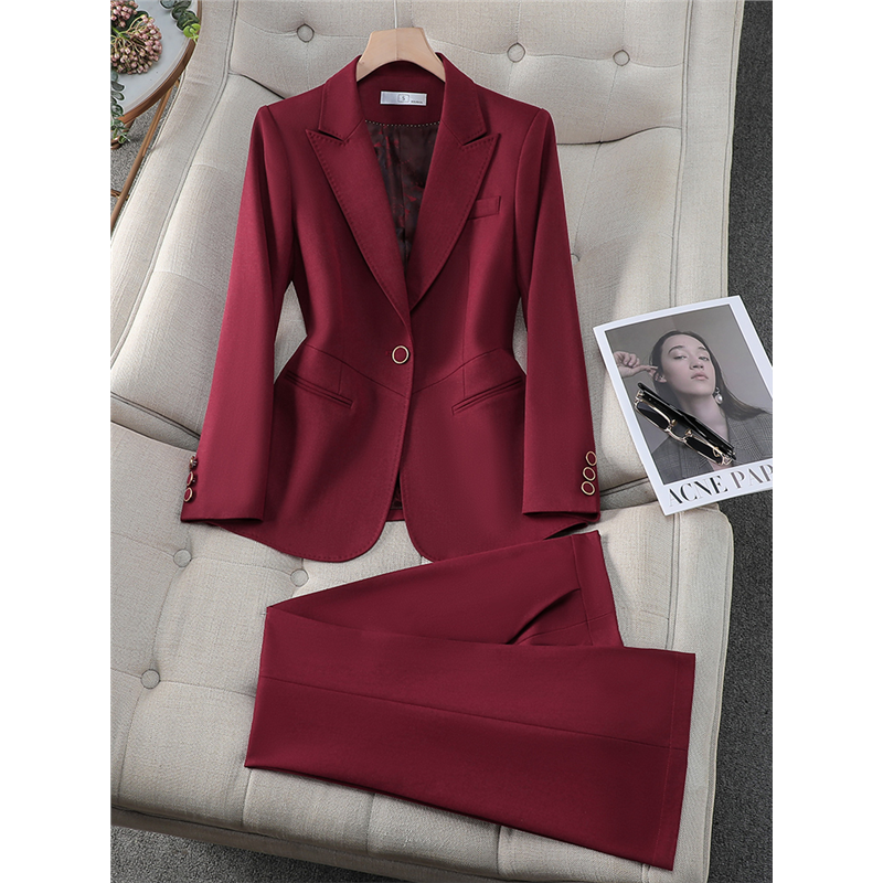 酒红色西装外套女春秋气质高级感西服套装工作服主持人正装职业装